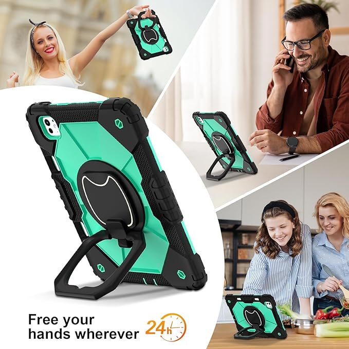 Dteck for iPad Pro 11 inch (M4/M5) 2024/2025 Release Shockproof Case with Shoulder Strap/Pencil Holder/Rotating Kickstand Handle, Heavy-Duty Sturdy Rugged Cover, Protective Tablet Shell, Black Mint