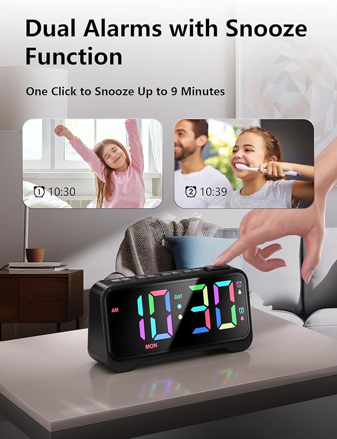 Mesqool Super Loud Alarm Clock for Bedrooms,Weekend/Weekday Mode, Dimmer, Snooze, 12/24H, DST, Battery Backup for Heavy Sleepers, Adults (Black)