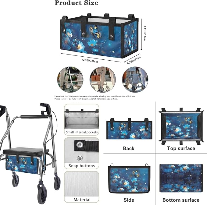 3-Piece Walker Seat Cover & Storage Bag Set, Blue Butterfly Rollator Walker Accessories for Elderly, Padded Universal Fit Seat Cover with Storage Pouch, Easy Insall Basket