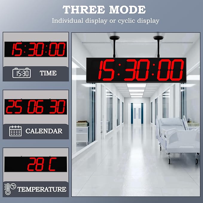 CHKOSDA 28.4‘’ Digital Clock with Large Display,Hanging Clock with Clearly Visible Large Digital Double-Sided Display,Multi-Function Led Clock with Temperature and Calendar Display (Red)