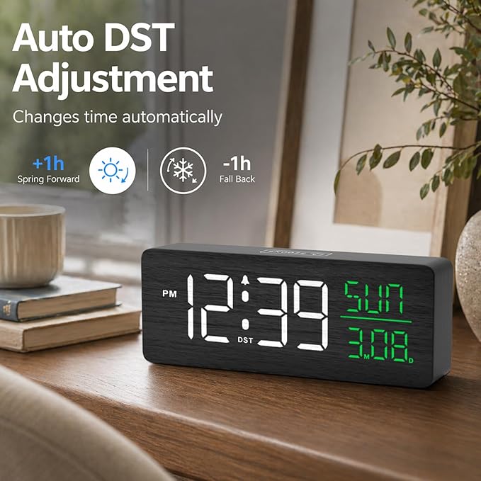 Peakeep Wooden Digital Alarm Clock Large Display, Textured Decoration for Bedroom, Living Room, Plug in Clock with Time Date Day, 5 Brightness, Auto DST