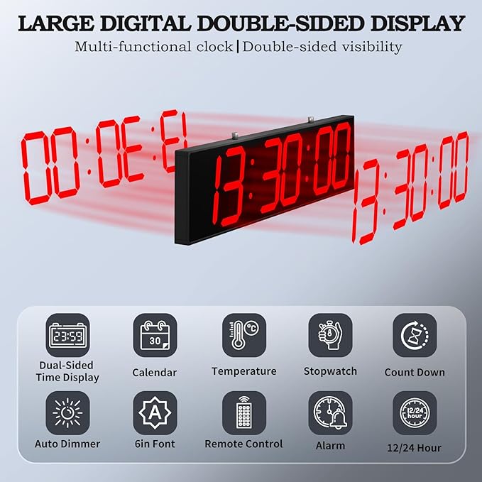 CHKOSDA 28.4‘’ Digital Clock with Large Display,Hanging Clock with Clearly Visible Large Digital Double-Sided Display,Multi-Function Led Clock with Temperature and Calendar Display (Red)