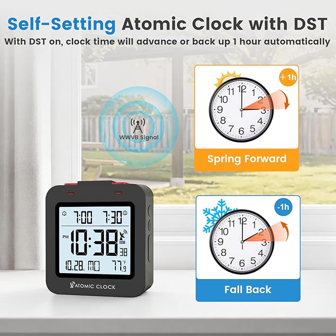 Small Digital Atomic Alarm Clock for Bedroom, 3.15 Inch Portable Travel Clock with Dual Alarms and Snooze, Indoor Temperature, 8s Backlight, Battery Included, Black