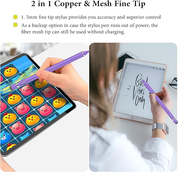 Stylus Pen for Touchscreen, Kenkor Rechargeable Digital Fine Point Active Tablet Pencil, Stylus Pen for iPhone/Android/Apple iPad Pro/Air/Mini/Samsung/Cellphone/Tablet Drawing & Writing - Purple