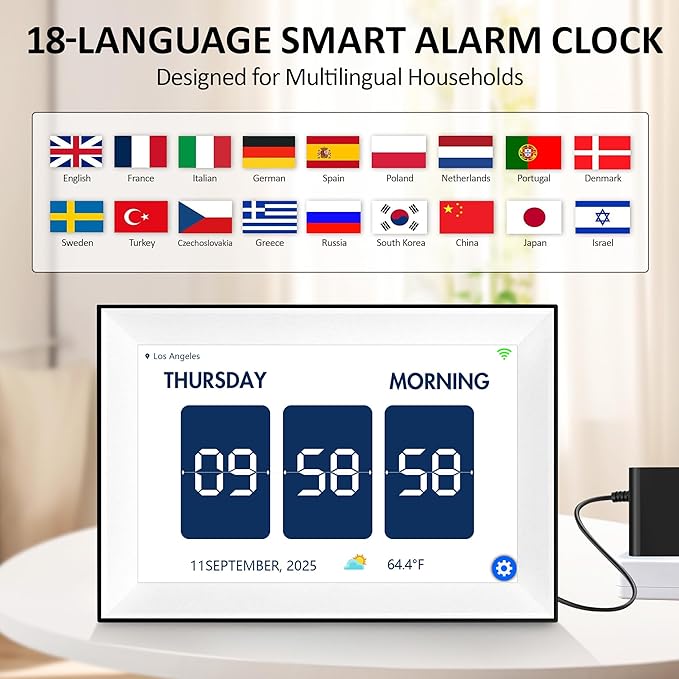 WiFi Touch Screen Digital Calendar Clock, 64 Custom Alarms, with Auto-Sync Time & Date, 7-Day Weather Forecast, Weekly Schedules Desk Clock (10.1" White)