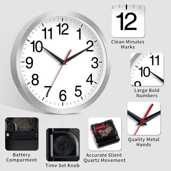 Rohioue Wall Clock Modern 8 Inch Battery Operated Silent Non Ticking Small Analog Clock Decorative for Living Room Office Home Bedroom Kitchen Bathroom(Silver)