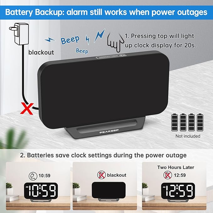 Peakeep Small Digital Alarm Clock for Bedrooms, Loud for Heavy Sleepers Adults, Dimmable Plug in Electric Large Numbers Clock Battery Backup, Slim Clock for Table Office Modern Living Room (BW)