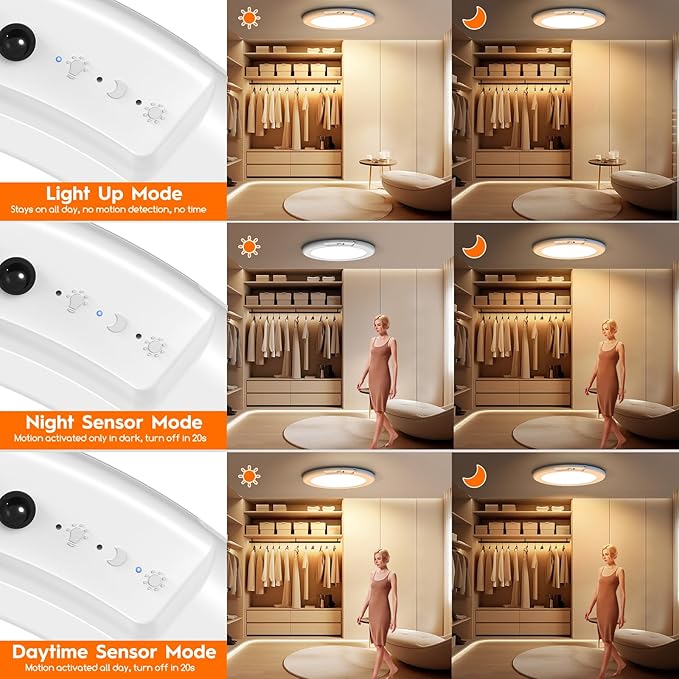 3 Pack Rechargeable Motion Sensor Ceiling Light, Wireless Ceiling Lights Battery Operated Closet Light with Remote, 500LM 3000K/4500K/6500K, 0.55″ Ultra Thin Lights for Bathroom Hallway Pantry