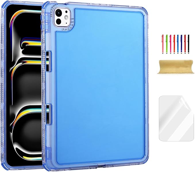 Dteck for iPad Pro/Air 13" (M5/M4/M3/M2), Pro 12.9" (6th/5th/4th/3rd Gen) Clear Case with Pencil Holder/Screen Protector Film/Stylus, 3 Layers Protective Lightweight Slim Cute Transparent Cover, Blue