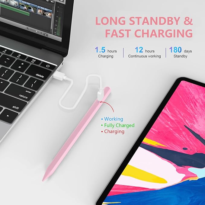 Stylus Pen for iPad 2018-2023 with Palm Rejection, Active Pencil for iPad 10th/9th/8th/7th/6th Generation, for iPad Pro 11/12.9 inch, for iPad Air 5th/4th/3th Gen, for iPad mini 6th/5th Gen (Pink)