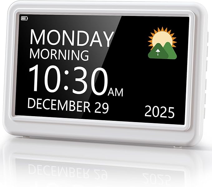 Rechargeable Digital Clock with Day and Date for Elderly, 7" Large Digital Calendar Clock for Seniors, 20 Alarms & Medication Reminders, Auto DST/Dimmer, 12 Themes, Best Gifts for People with Dementia