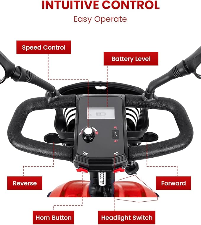 Folding Mobility Scooter for Seniors 4 Wheel Scooter for Adults Electric Medical Scooter Compact for Travel - Electric Powered Wheelchair Device - Compact Heavy Duty Mobile (Red)
