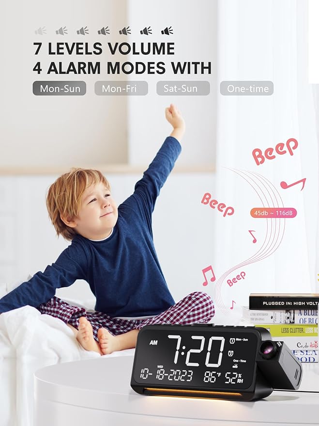 Mesqool Projection Alarm Clock for Bedroom, Digital Clock with Projection on Ceiling with Night Light, Date, Temperature, Humidity, Type-C USB Charger, Snooze, Dual Alarms, Dimmer,12/24H
