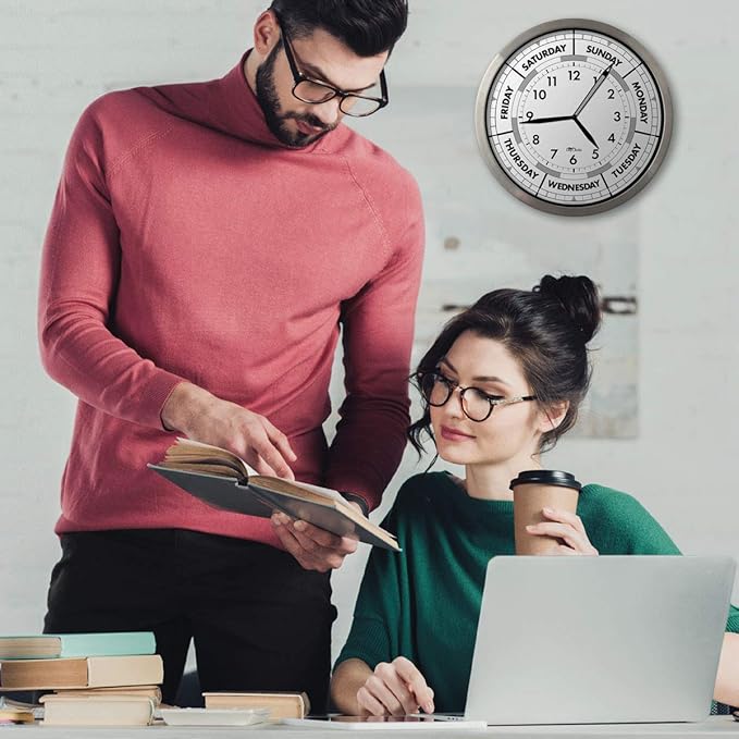 Time & Day of The Week Wall Clock with 12” Modern Aluminum Frame – – Ideal Retirement Gift for Men and Women, Day Clock for Seniors and Retirees