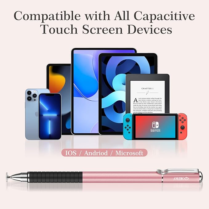 MEKO Stylus Pens for Touch Screens, 2 in 1 Universal Disc Stylus Pens for iPhone, iPad and All Capacitive Cell Phones, Tablets, Laptops Bundle with 6 Replacement Tips - (2 Pcs, White/Rose Gold)