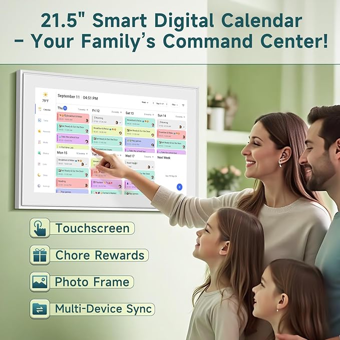 21.5 Inch Digital Wall Calendar – Rewards for Chores! Smart Electronic Family Organizer with Touchscreen, Meal Planner & Photo Frame, Syncs with Google/iCloud, for Wall or Desk, White (New Version)