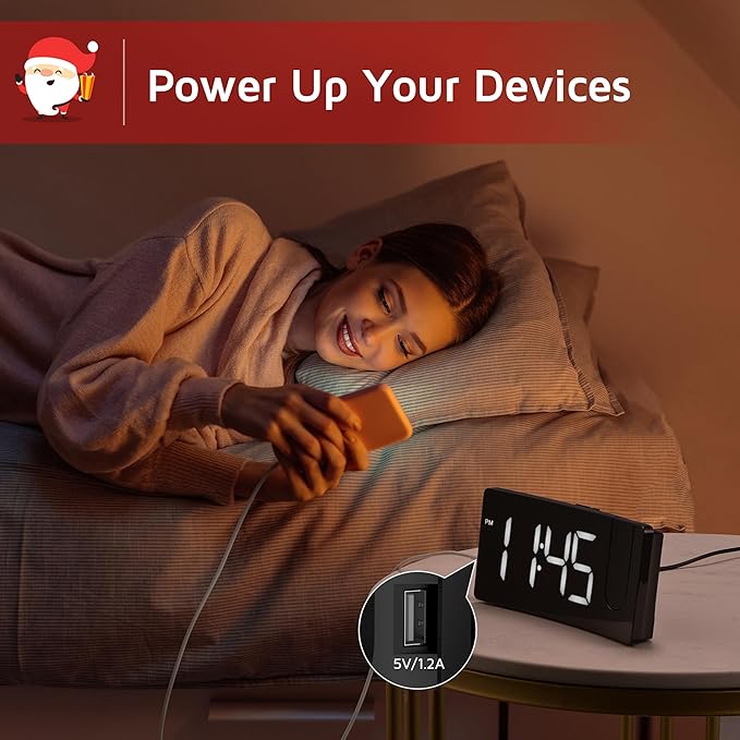 Projection Alarm Clock, Digital Clock with 180° Rotatable Projector, 3-Level Brightness Dimmer, Clear LED Display, USB Charger, Progressive Volume, 9mins Snooze,12/24H, Digital Alarm Clock for Bedroom