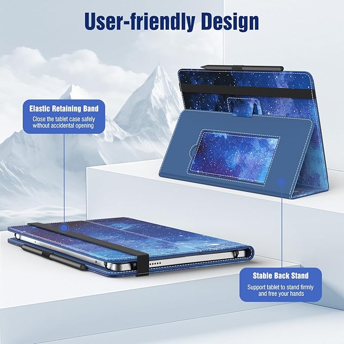 TiMOVO Universal Case for 10.1 Inch Android Tablet with Pen Loop, Lightweight Folding Stand Cover with Hand Strap for All 9.6"-11" Touchscreen Tablet, Blue Starry Sky
