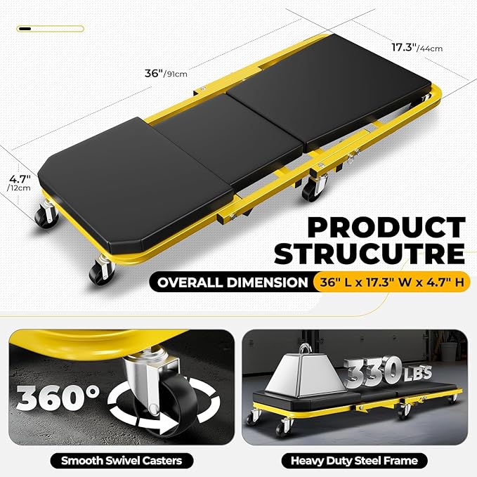 Auto Dynasty 36" Z-Creeper Seat, 2-in-1 Foldable Garage Creeper Shop Seat, 330 LBS Capacity Automotive Mechanic Repair Under Car Rolling Creeper Seat, Yellow