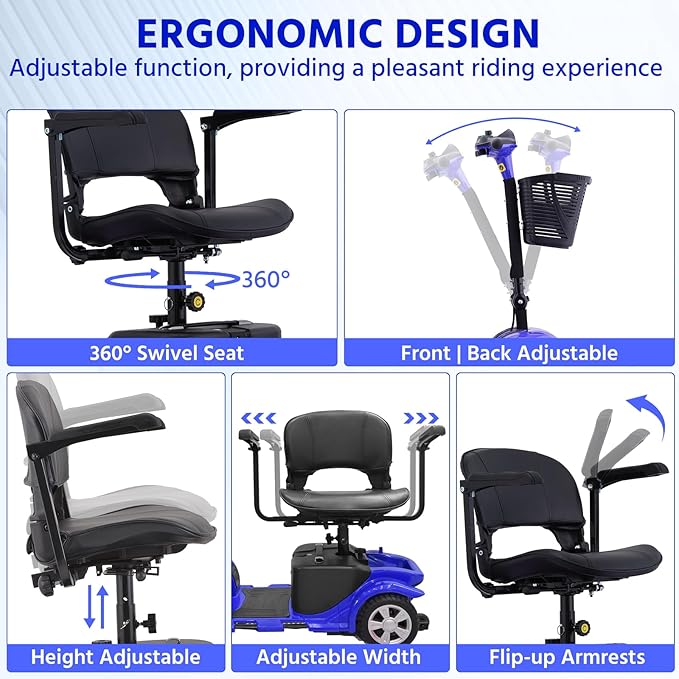 Mobility Scooters for Seniors, Light Weight Mobility Scooters for Adults, Compact Folding Electric Mobility Scooter, LED Lights, Adjustable Seat, 3~6.5 KM/H