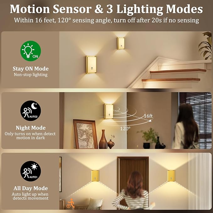 1 Pack Battery Operated Wall Sconce Light: 5000mAh Rechargeable Motion Sensor Night Light 3 Colors Wireless Sconce Magnetic Motion Sensor Stair Light Indoor LED Wall Light for Bedroom Hallway Closet