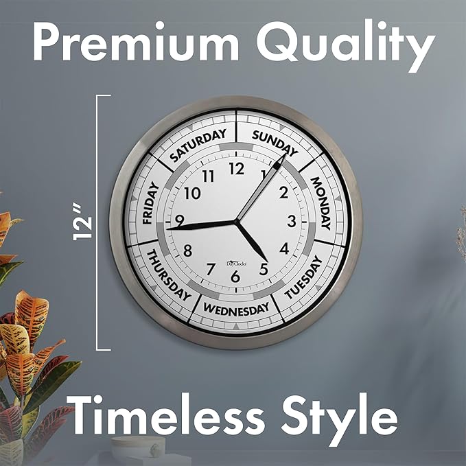Time & Day of The Week Wall Clock with 12” Modern Aluminum Frame – – Ideal Retirement Gift for Men and Women, Day Clock for Seniors and Retirees