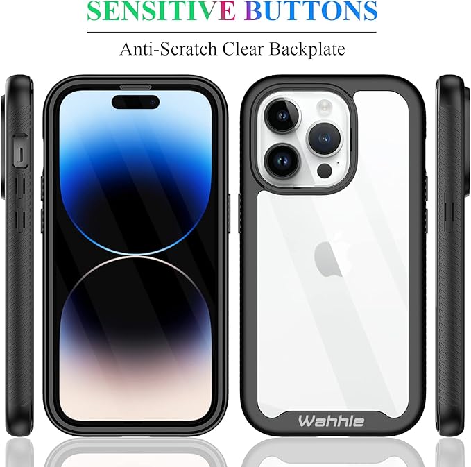 wahhle Compatible with iPhone 14 Pro Case, Full-Body Protection Phone Cover with Screen Protector Built-in, Touch Sensitive, Anti Scratch Shockproof TPU Bumper Case for 14 Pro 6.1 Inches-Black/Clear