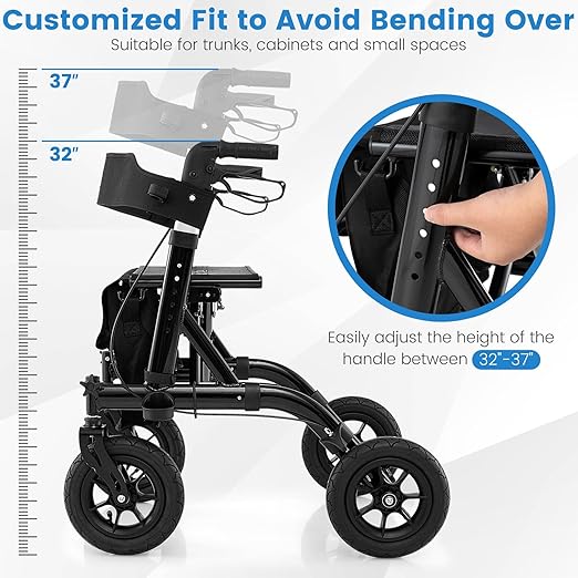 GOFLAME All-Terrain Rollator Walker w/Pneumatic Tires, Foldable Outdoor Walkers w/Seat, Backrest, 32"-37" Adjustable Height & Storage Bag, Lightweight Aluminum Walker for Seniors & Adults, Black