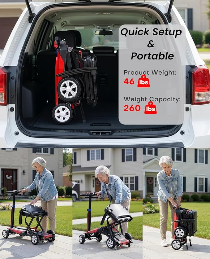4 Wheel Mobility Scooters for Seniors, 4 Wheel Electric Scooter for Adults, Electric Wheelchair Device, 12 Mile Range, Supports 260lbs Weight, Only 46lbs, Adjustable, with Headlight & Taillight