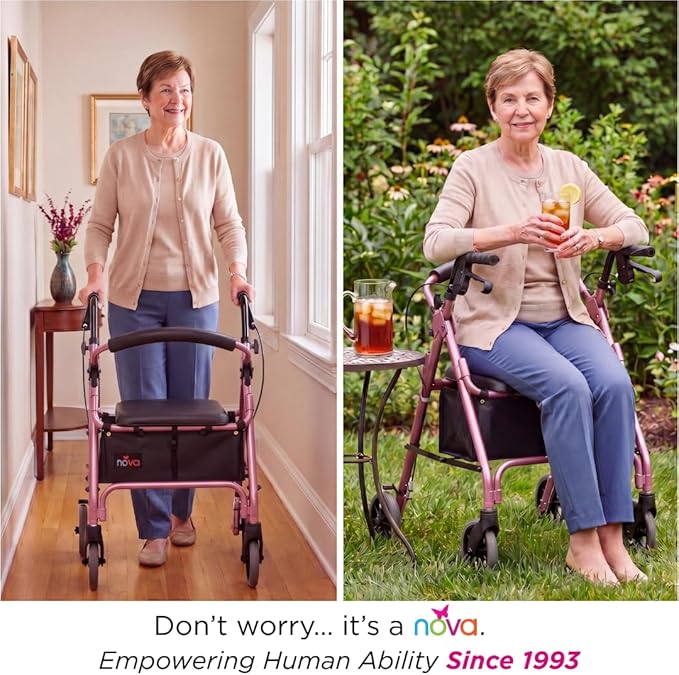 NOVA GetGo Petite Narrow Rollator Walker for Seniors, Lightweight Folding Rolling Walker with Seat, Lock N Load for Easy Transport & Storage, Adjustable Fit 4'10"–5'4", Pink
