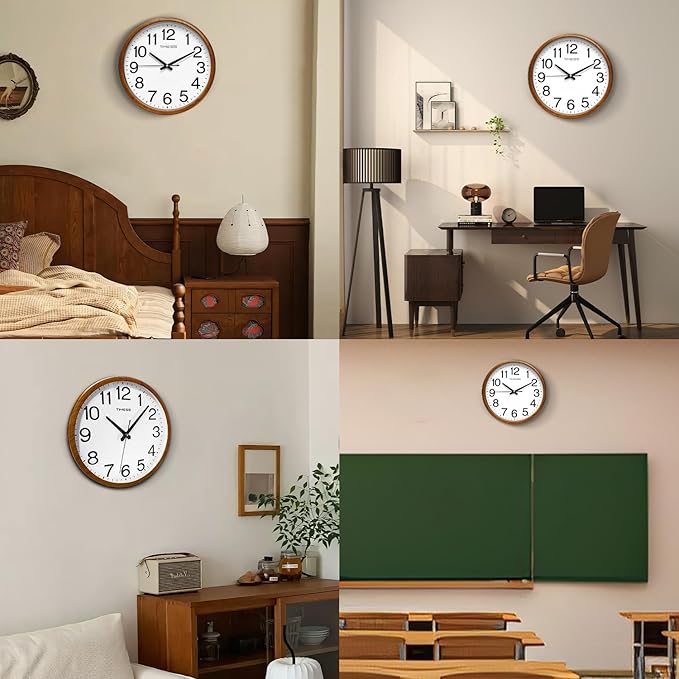 TIMESS Wall Clock, Classic Wood Style Finish, 11 Inch Non-Ticking Silent Battery Operated Analog Clock, Ideal Retro Decor for Home, Bedroom, Living Room, Kitchen, Bathroom, Office(Wood Yellow)