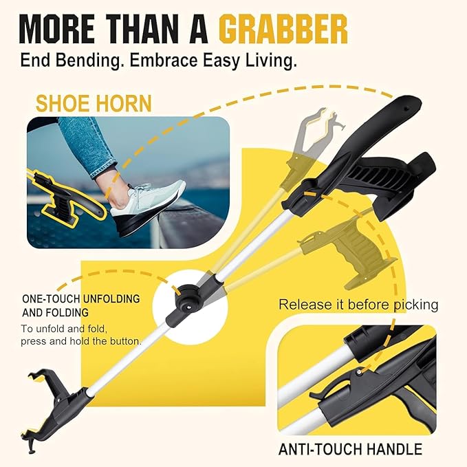32" Grabber Reacher Tool,2-Pack Foldable Reacher Grabber Pickup Tool with Shoehorn,Trash Picker Upper Grabber,Bend-Free Gifts for Seniors,Extra Long Reaching Assist Tool with Rotating Jaw(Yellow)