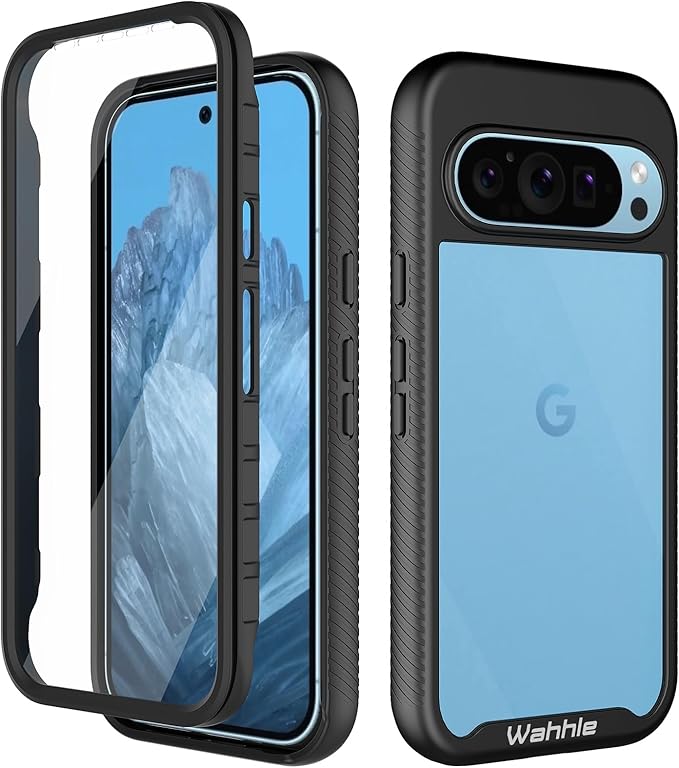 wahhle Compatible with Google Pixel 9/9 Pro Case, Built in Screen Protector Full Body Shockproof Slim Fit Bumper Protective Phone Cover for Men Women-Black/Clear
