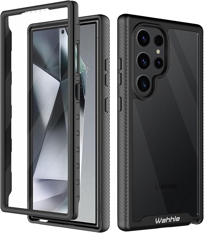 wahhle Compatible with Samsung Galaxy S24 Ultra Case, Built in Screen Protector Full Body Shockproof Slim Fit Bumper Protective Phone Cover 5G 6.8'' -Black/Clear