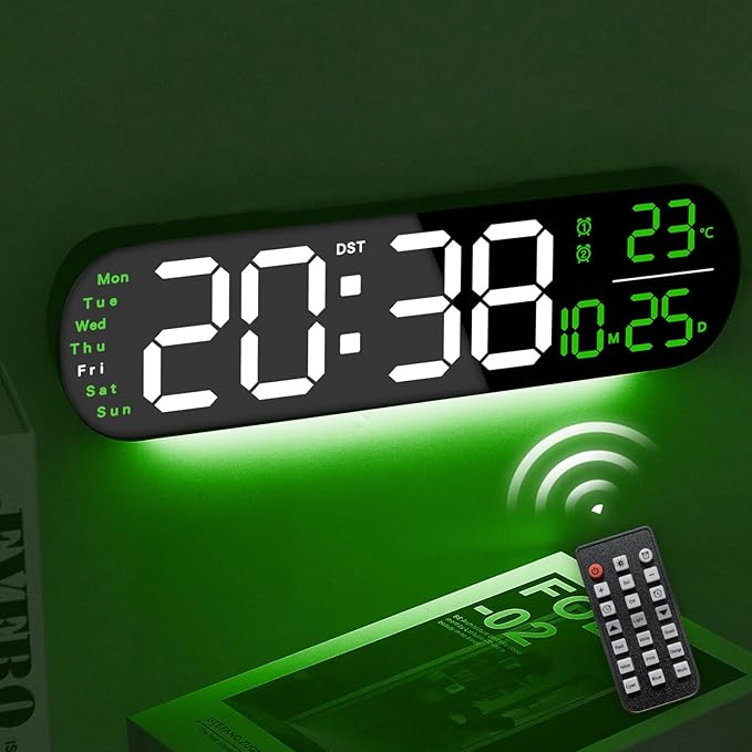 13.7" Large Digital Wall Clock – Remote Control, Dual Alarm, Big LED Display, Auto-Dimming, RGB Night Light, Auto DST – Bedroom, Living Room, Office, Purple,Green