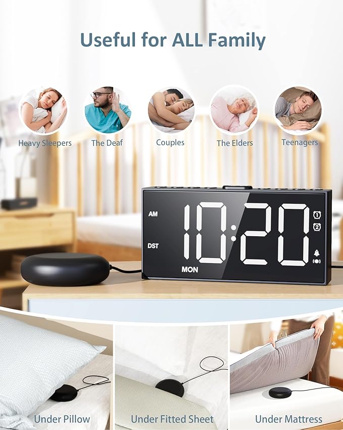 Roxicosly Vibrating Alarm Clock with Bed Shaker for Heavy Sleepers, 3-Level Vibration, Dual Alarms with Weekday & Weekend Mode, Large Digits, Dimmer, Snooze, USB Charger, Battery Backup