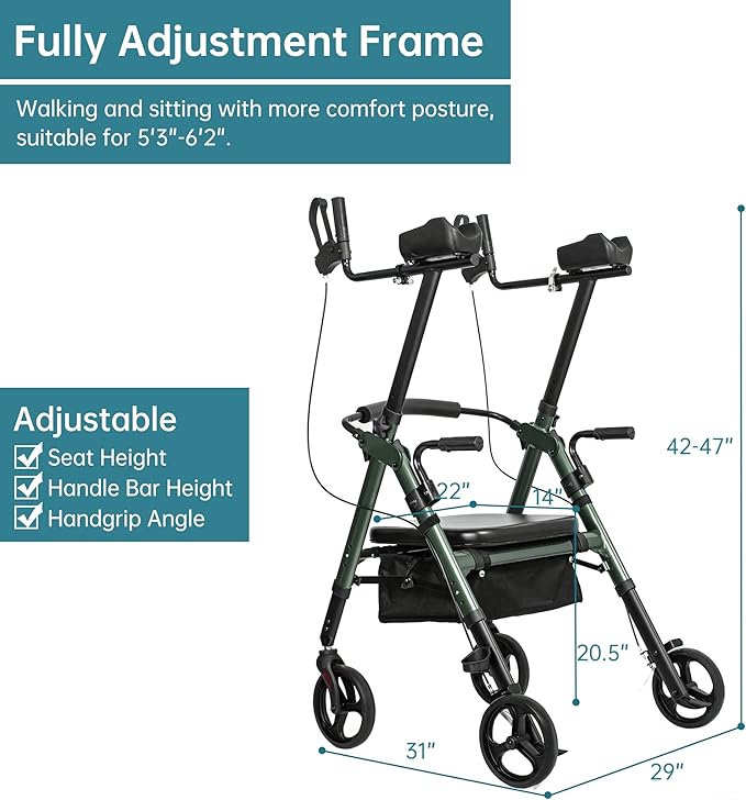 ELENKER Heavy Duty Upright Walker, Bariatric Stand Up Rollator Walker with Extra Wide Padded Seat & Backrest, Supports Up to 500 lbs, for Senior, Green