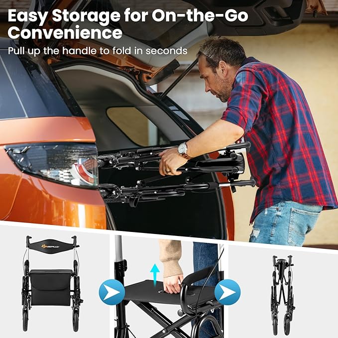 Goplus Walkers for Seniors with Seat, 2 in 1 Folding Rolling Rollator Walker & Wheelchair Combo with Brakes, 9" Pneumatic Tires for All Terrain, Aluminum Adult Mobility Walking Aid