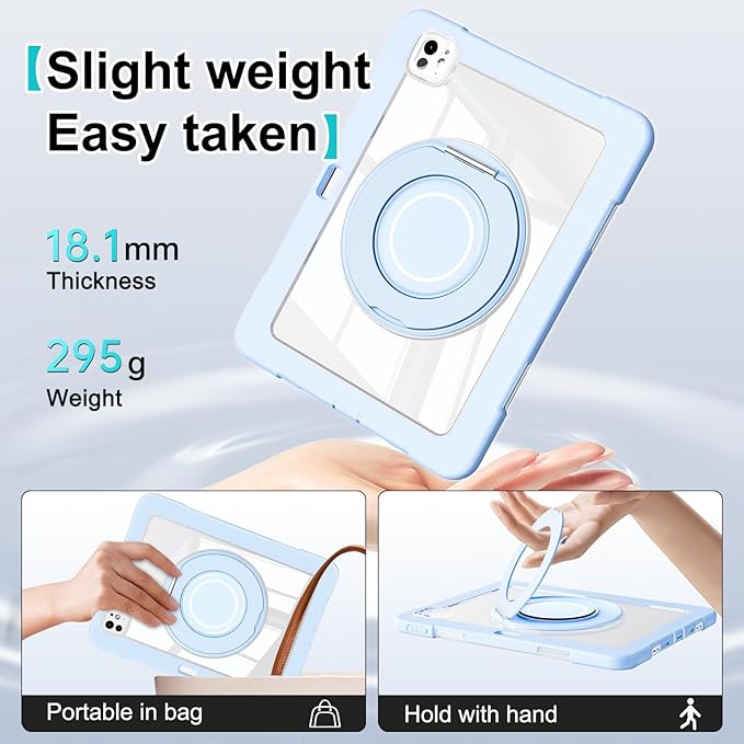 Dteck for iPad Pro 11 inch (M4/M5) 2024/2025 Release Shockproof Clear Case with Stylus Pencil Holder/Rotating Kickstand/Swivel Handle, Lightweight Protective Slim Transparent Tablet Cover Shell, Blue