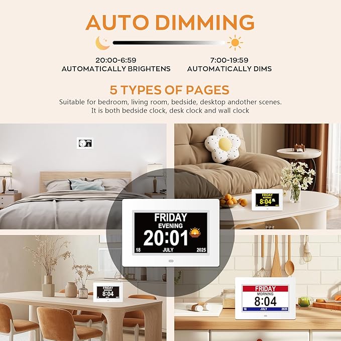 Digital Clock for Seniors with Day Date Time Large Display - 7 Inch Large Print Dementia Clock for Memory Loss and Visually Impaired, 12 Alarm Options, Non-Abbreviated, White