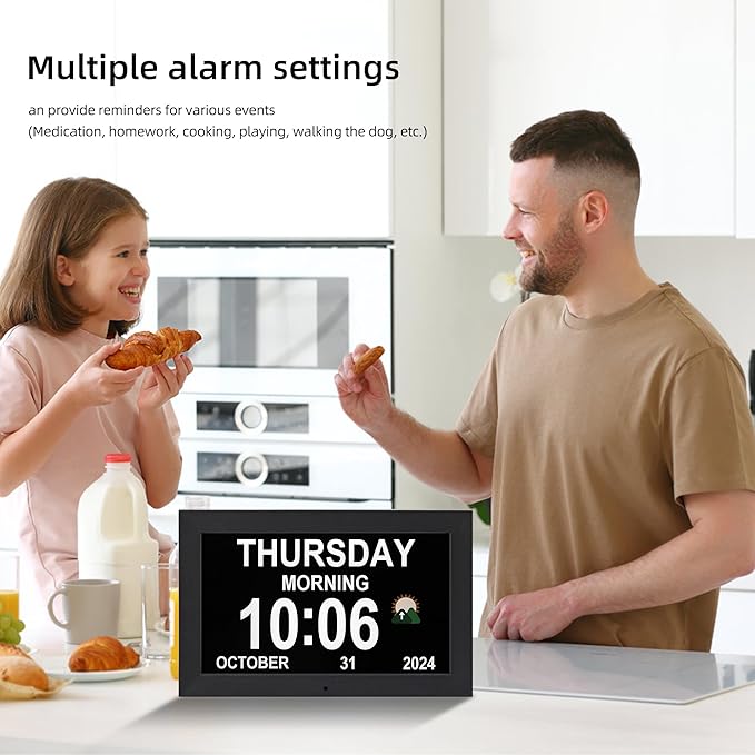 Digital Alarm Clock, Multiple Alarm Functions, Clock with Date and Week, Digital Alarm and Electronic Calendar for Seniors (White, 7 inch) (10-inch Black)