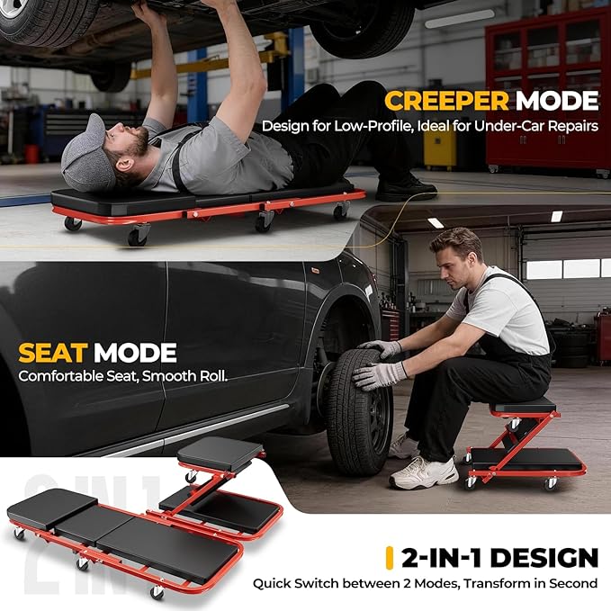 Auto Dynasty 40" Z-Creeper Seat, 2-in-1 Foldable Garage Creeper Shop Seat, 330 LBS Capacity Automotive Mechanic Repair Under Car Rolling Creeper Seat, Red