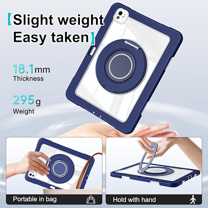 Dteck for iPad Pro 11 inch (M4/M5) 2024/2025 Release Shockproof Clear Case with Stylus Pencil Holder/Rotating Kickstand/Swivel Handle, Lightweight Protective Slim Transparent Tablet Cover, Dark Blue