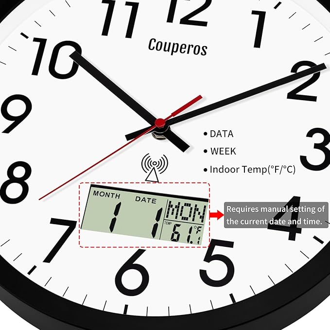 Atomic Wall Clock 12 Inch - Auto DST Modern Analog Battery Operated Silent Wall Clock with Temperature & Digital Calendar for Office Bedroom Kitchen, Round Non-Ticking Classroom & Garage Clock (Black)
