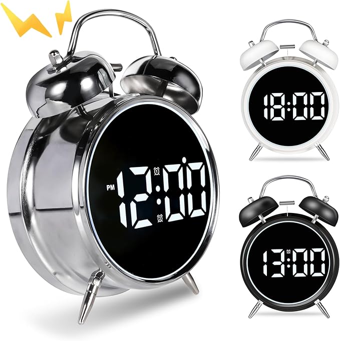 Extra Loud Alarm Clock for Heavy Sleepers Adults, Teens,Kids,Cute Retro Metal,Old Fashioned with Twin Bells,Battery Operated or Plug in,Small Digital Desk Clock