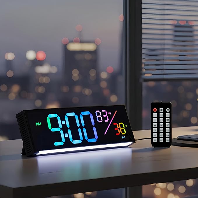 11-Inch LED Digital Wall Clock with RGB Flowing Light, Seconds, Date, Time, Temperature｜ Clear Large Numbers, Dual Alarm Settings, Remote Controlled ｜ Stylish Modern Clock for Living Room, Bedroom