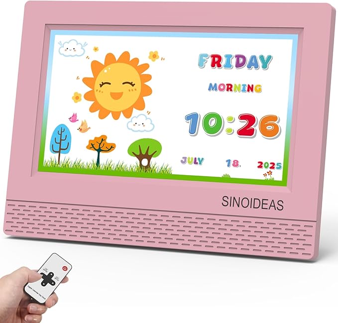 SINOIDEAS 7-Inch Kids' Digital Alarm Clock,Children's Sleep Trainer with Remote Control & Custom Reminder Function (Pink)