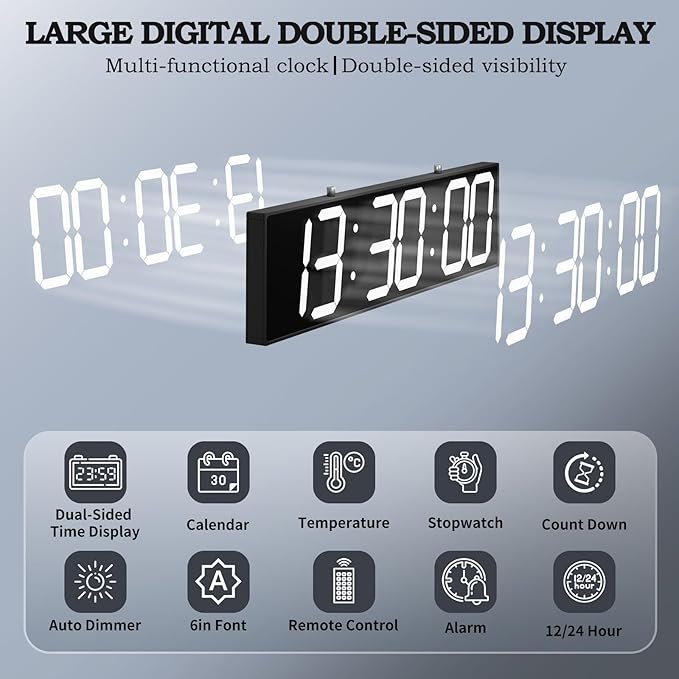 CHKOSDA 28.4‘’ Digital Clock with Large Display,Hanging Clock with Clearly Visible Large Digital Double-Sided Display,Multi-Function Led Clock with Temperature and Calendar Display (White)