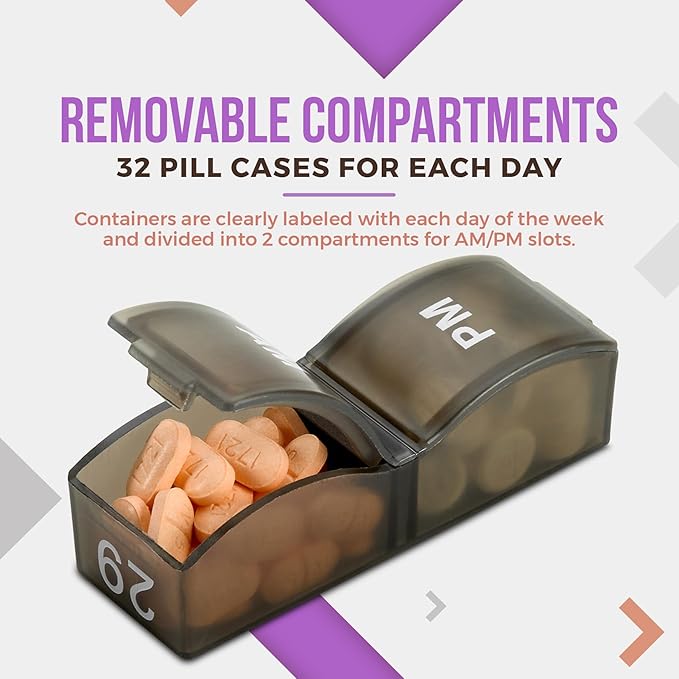 Monthly Pill Organizer - Am/Pm Daily Pill Organizer 32 Compartments for Each Day, Pill Dispenser and Dispenser Caddy that Helps You Organize Your Life, Perfect for Supplements and Medication, Black