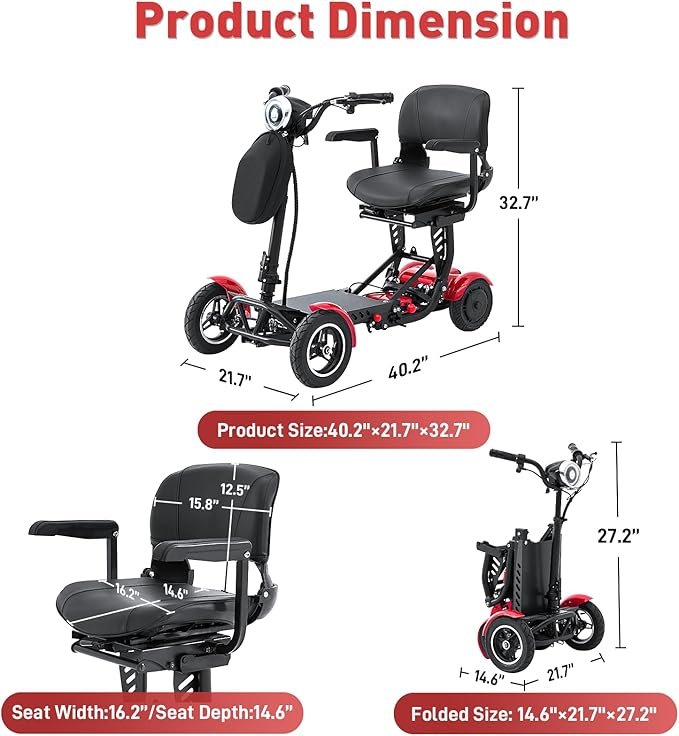 4-Wheel Foldable Electric Scooter All-Terrain Lightweight Folding Mobility Scooter for Adults & Seniors, 25Miles Long Range, 15.6AH Lithium Battery, 3-Speed Mode, Max Load 300lbs (Standard Red)